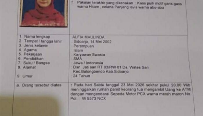 Pamit Ambil Uang ke ATM Naik PCX Maron, Gadis 24 Tahun asal Balongbendo Sidoarjo Dilaporkan Hilang