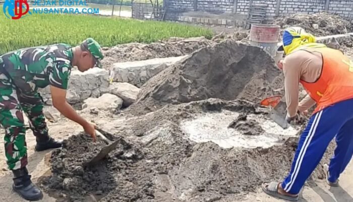 Antisipasi Banjir, Babinsa Cerme dan Warga Desa Pandu Gotong Royong Bangun Saluran Air