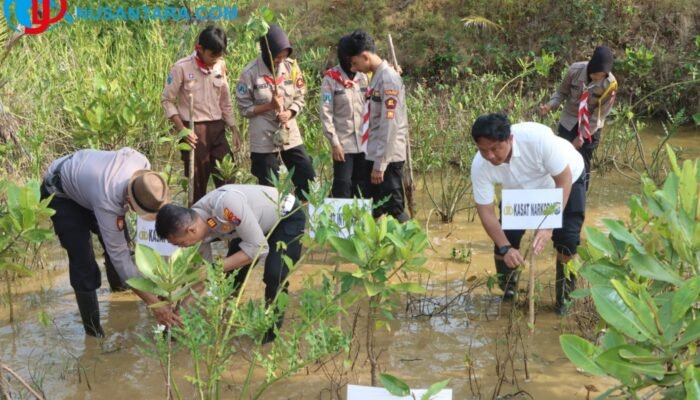 Ecology Policing: Polres Trenggalek Tanam Mangrove dan Lepas Ratusan Tukik di Pantai Taman Kili-Kili